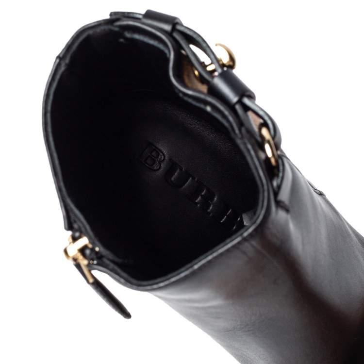 Pre Owned Burberry Black Leather And Nova Check Canvas Ivybridge Boots Size 35