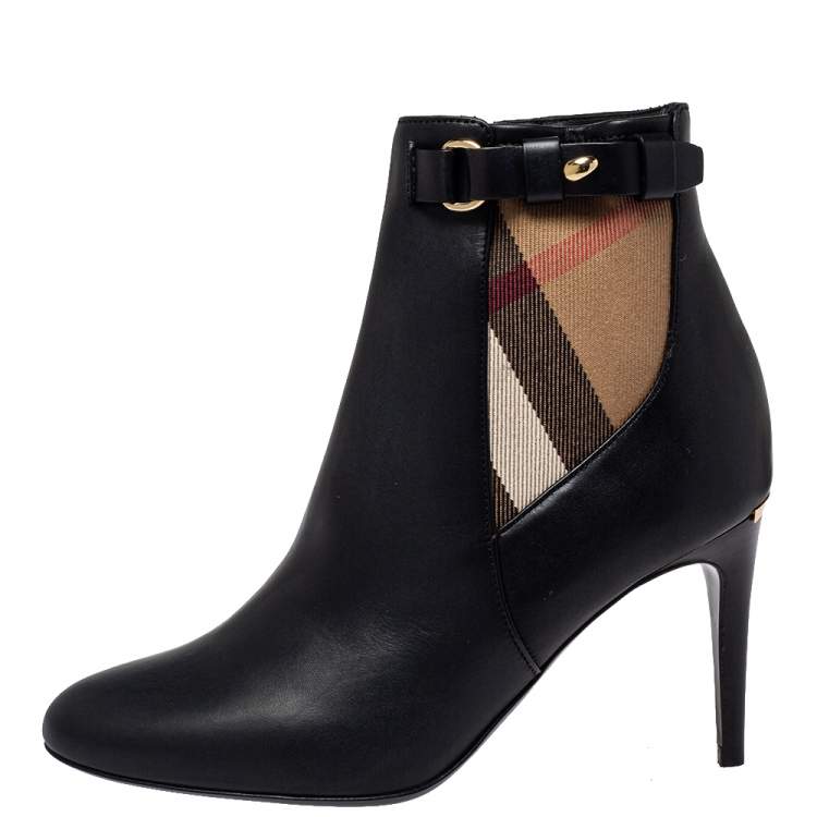 Pre Owned Burberry Black Leather And Nova Check Canvas Ivybridge Boots Size 35