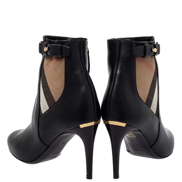 Pre Owned Burberry Black Leather And Nova Check Canvas Ivybridge Boots Size 35