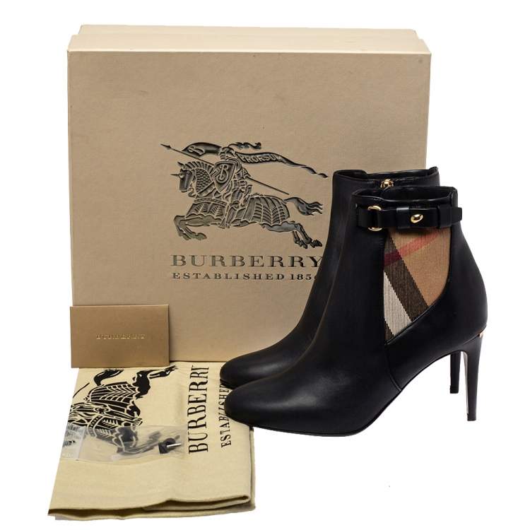 Pre Owned Burberry Black Leather And Nova Check Canvas Ivybridge Boots Size 35