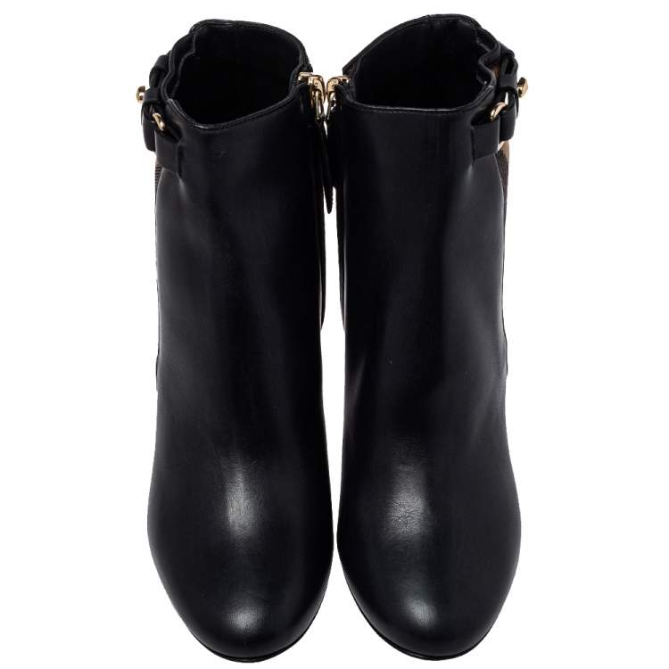 Pre Owned Burberry Black Leather And Nova Check Canvas Ivybridge Boots Size 35