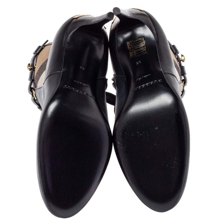 Pre Owned Burberry Black Leather And Nova Check Canvas Ivybridge Boots Size 35