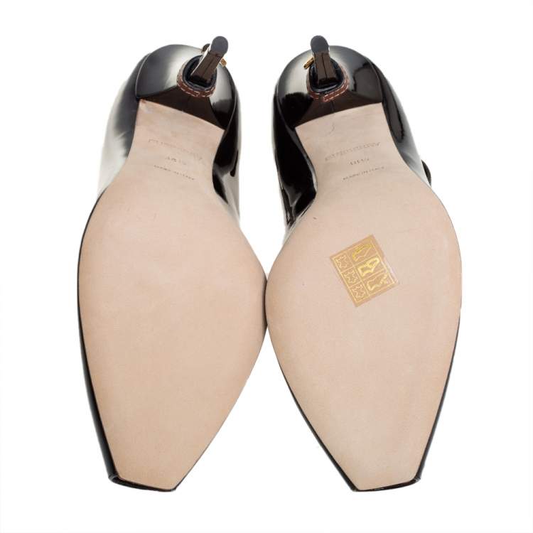 Pre Owned Burberry Dark Brown Patent Leather Jermyn Peep Toe Ankle Cuff Pumps Size 38.5