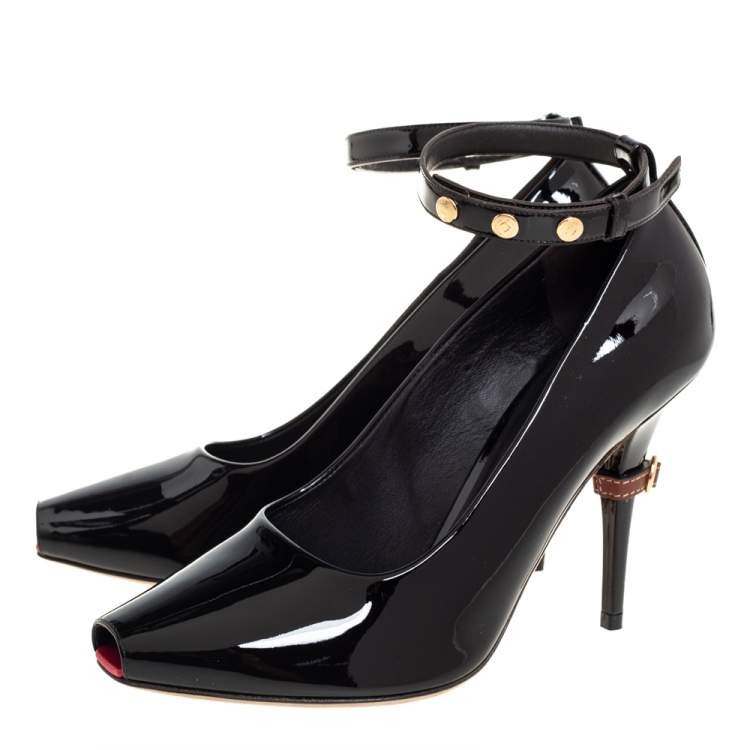 Pre Owned Burberry Dark Brown Patent Leather Jermyn Peep Toe Ankle Cuff Pumps Size 38.5