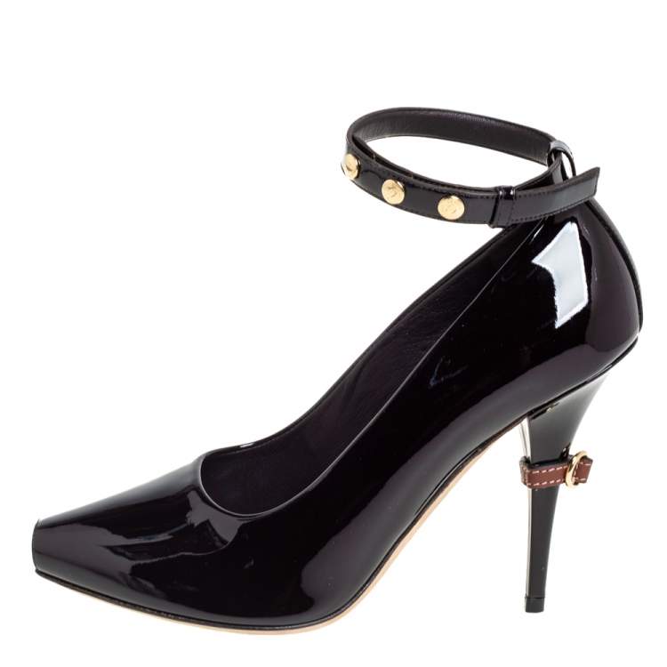 Pre Owned Burberry Dark Brown Patent Leather Jermyn Peep Toe Ankle Cuff Pumps Size 38.5