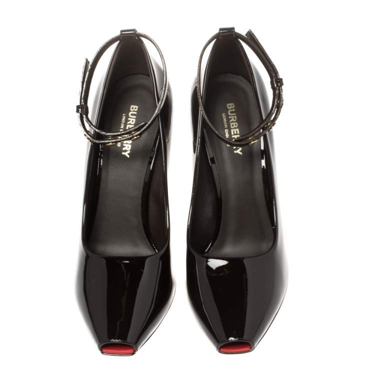 Pre Owned Burberry Dark Brown Patent Leather Jermyn Peep Toe Ankle Cuff Pumps Size 39.5