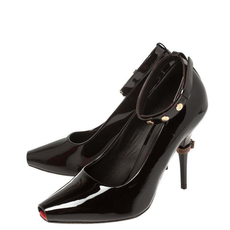 Pre Owned Burberry Dark Brown Patent Leather Jermyn Peep Toe Ankle Cuff Pumps Size 39.5