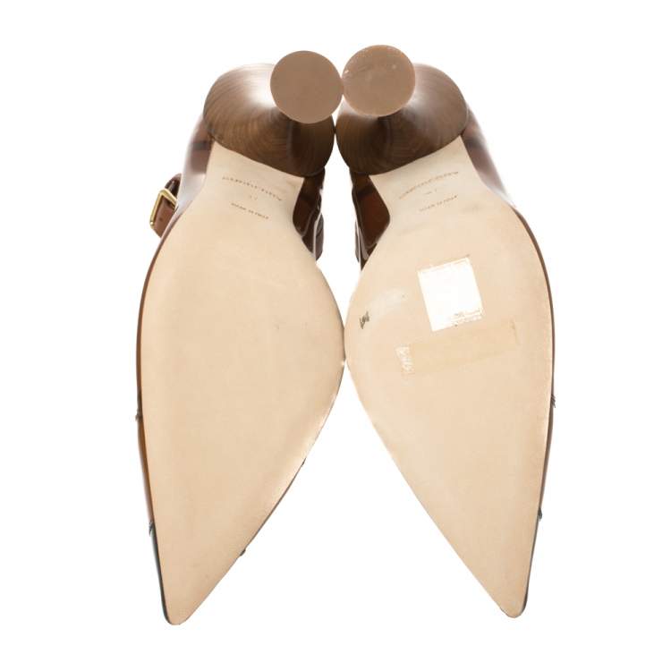 Pre Owned Burberry Brown PVC And Patent Leather 'Evan' Ankle Strap Pointed Toe Pumps Size 37
