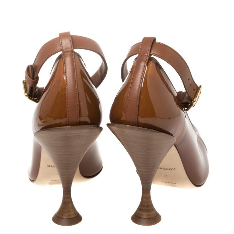 Pre Owned Burberry Brown PVC And Patent Leather 'Evan' Ankle Strap Pointed Toe Pumps Size 37