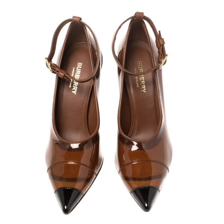 Pre Owned Burberry Brown PVC And Patent Leather 'Evan' Ankle Strap Pointed Toe Pumps Size 37