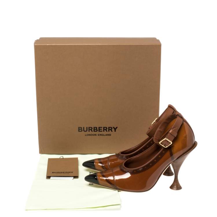 Pre Owned Burberry Brown PVC And Patent Leather 'Evan' Ankle Strap Pointed Toe Pumps Size 37