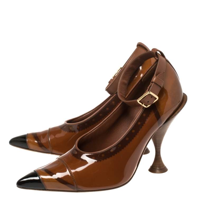 Pre Owned Burberry Brown PVC And Patent Leather 'Evan' Ankle Strap Pointed Toe Pumps Size 37