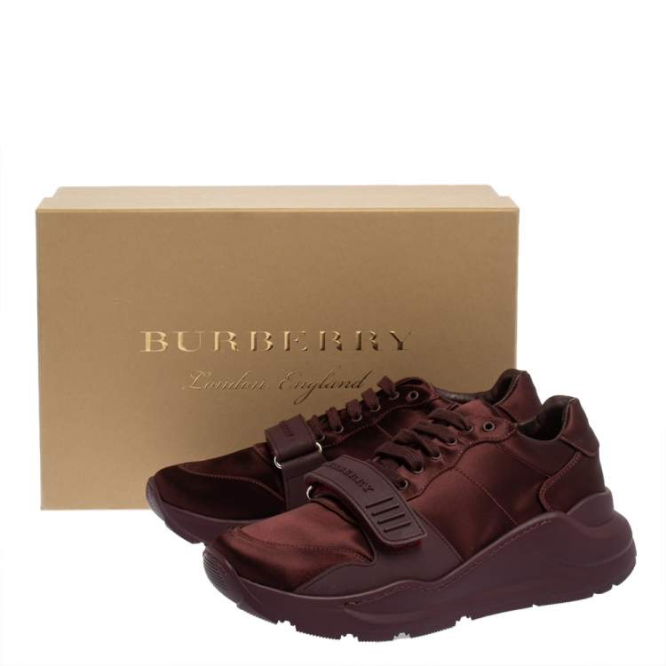 Pre Owned Burberry Burgundy Satin And Rubber Regis Low Top Sneakers Size 41