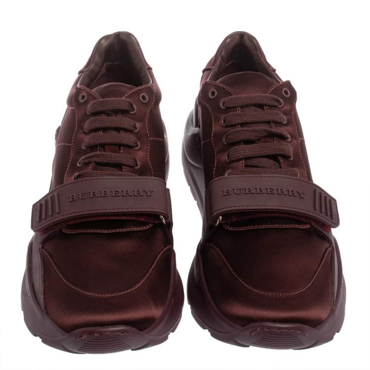 Pre Owned Burberry Burgundy Satin And Rubber Regis Low Top Sneakers Size 41
