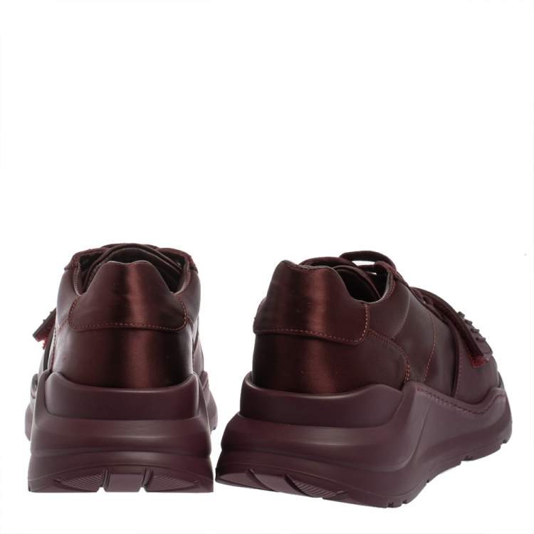 Pre Owned Burberry Burgundy Satin And Rubber Regis Low Top Sneakers Size 41