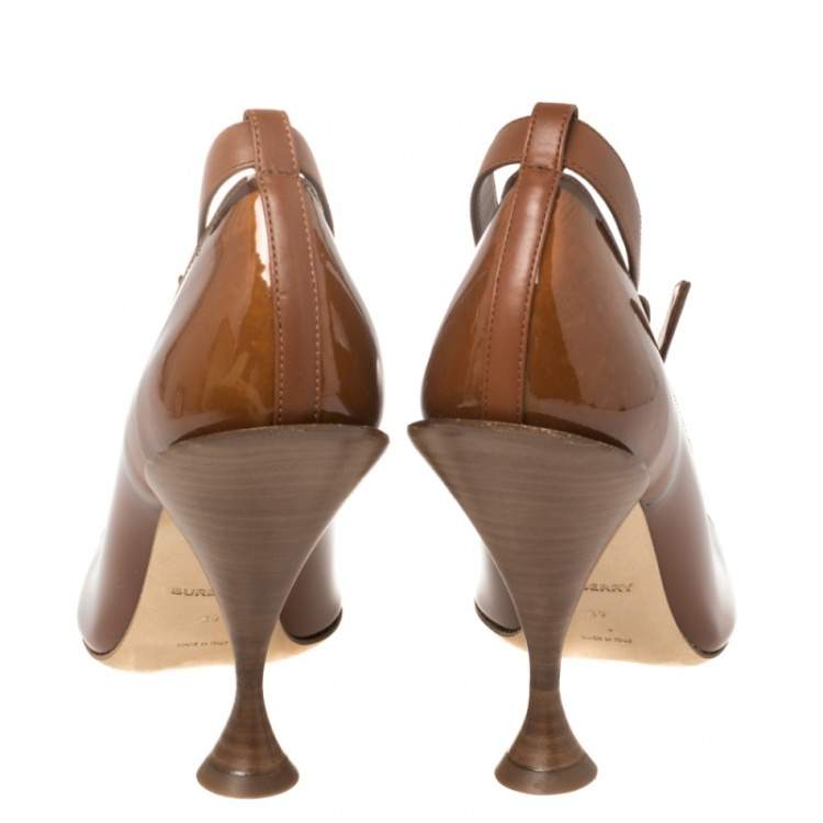 Pre Owned Burberry Brown PVC And Patent 'Evan' Pointed Toe Ankle Strap Pumps Size 39