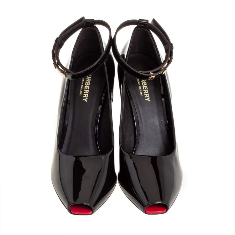 Pre Owned Burberry Coffee Brown Patent Leather Jermyn Peep Toe Pumps Size 39