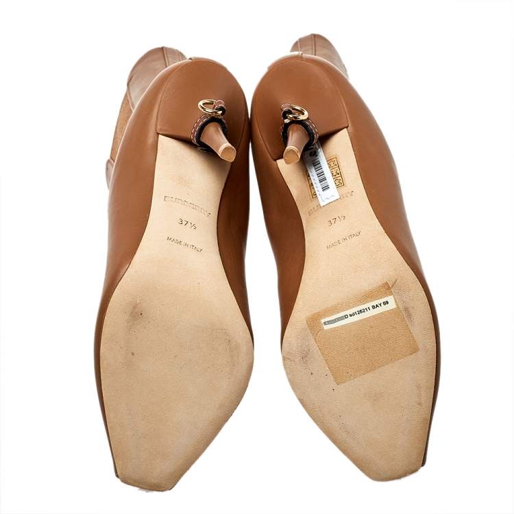 Pre Owned Burberry Brown Leather And Elastic Fabric Peep Toe Kenzie Ankle Boots Size 37.5