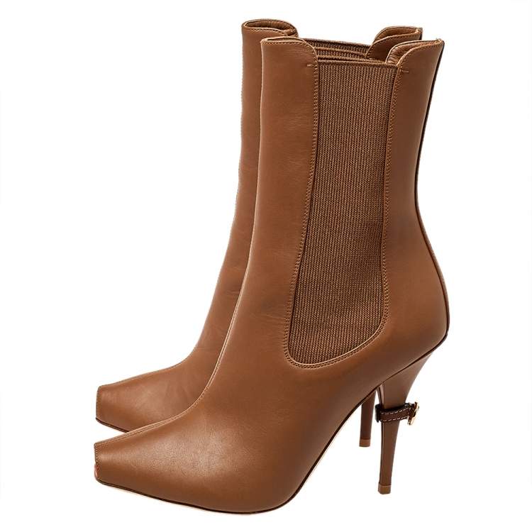 Pre Owned Burberry Brown Leather And Elastic Fabric Peep Toe Kenzie Ankle Boots Size 37.5