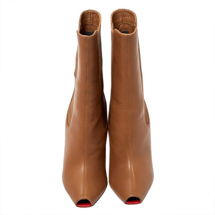 Pre Owned Burberry Brown Leather And Elastic Fabric Peep Toe Kenzie Ankle Boots Size 37.5