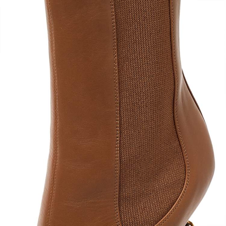 Pre Owned Burberry Brown Leather And Elastic Fabric Peep Toe Kenzie Ankle Boots Size 37.5