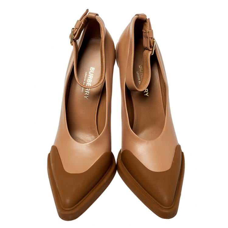 Pre Owned Burberry Brown Leather And Rubber Evan Ankle Strap Pumps Size 37.5
