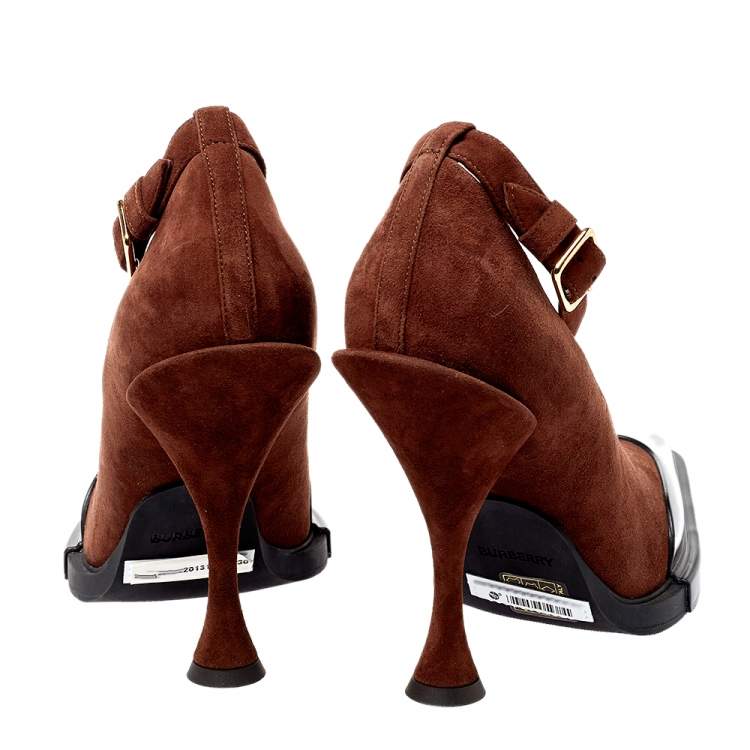 Pre Owned Burberry Brown Leather And Suede Evan Ankle Strap Pumps Size 38