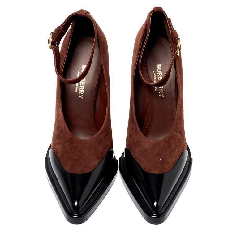 Pre Owned Burberry Brown Leather And Suede Evan Ankle Strap Pumps Size 38