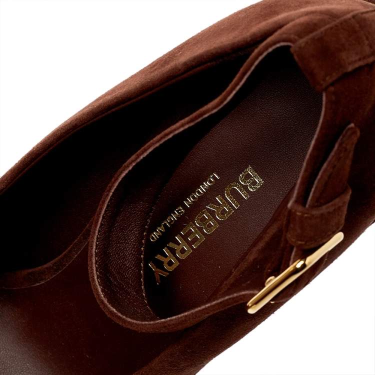 Pre Owned Burberry Brown Leather And Suede Evan Ankle Strap Pumps Size 38