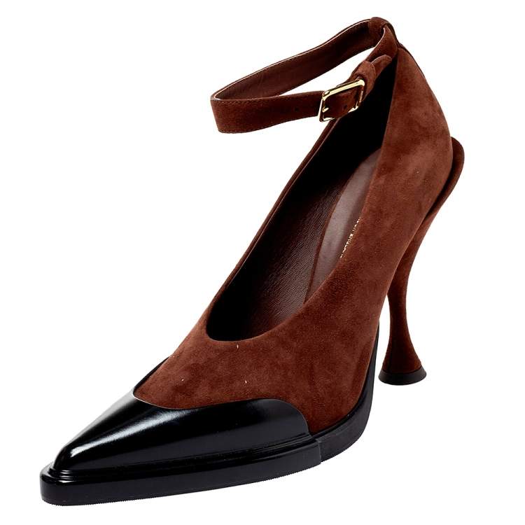 Pre Owned Burberry Brown Leather And Suede Evan Ankle Strap Pumps Size 38