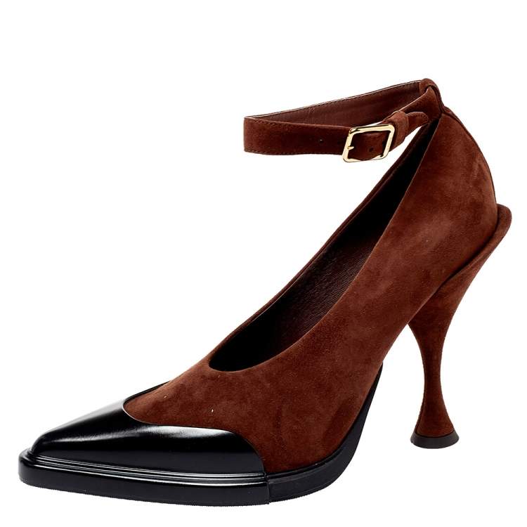 Pre Owned Burberry Brown Leather And Suede Evan Ankle Strap Pumps Size 38