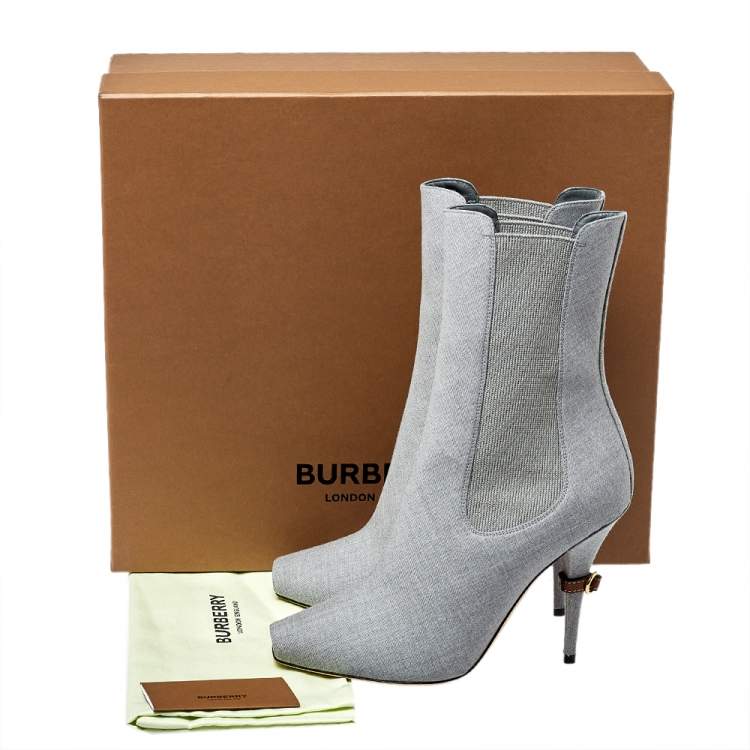 Pre Owned Burberry Grey Canvas And Elastic Fabric Peep Toe Kenzie Ankle Boots Size 39