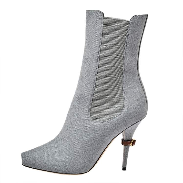 Pre Owned Burberry Grey Canvas And Elastic Fabric Peep Toe Kenzie Ankle Boots Size 39