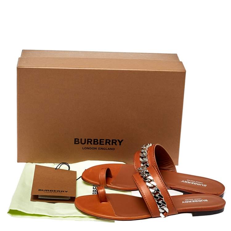 Pre Owned Burberry Brown Leather Heidi Toe Ring Flats Size 37.5