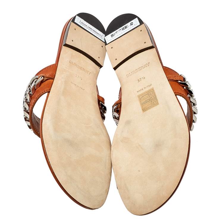 Pre Owned Burberry Brown Leather Heidi Toe Ring Flats Size 37.5