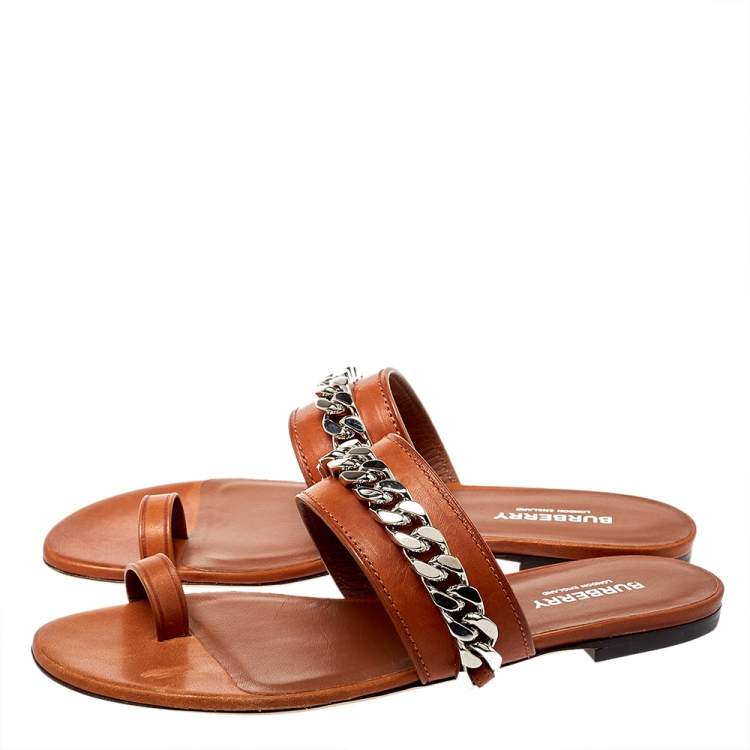 Pre Owned Burberry Brown Leather Heidi Toe Ring Flats Size 37.5
