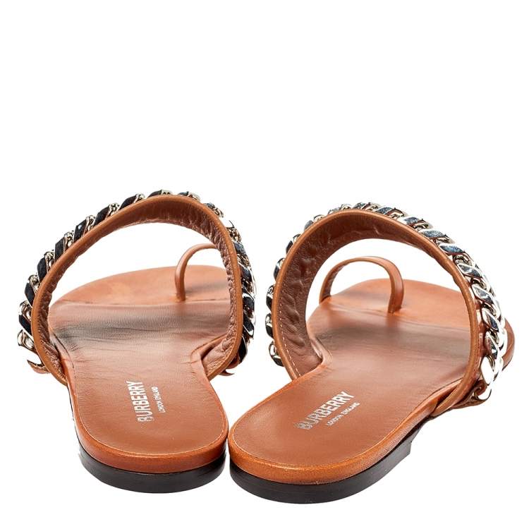 Pre Owned Burberry Brown Leather Heidi Toe Ring Flats Size 37.5