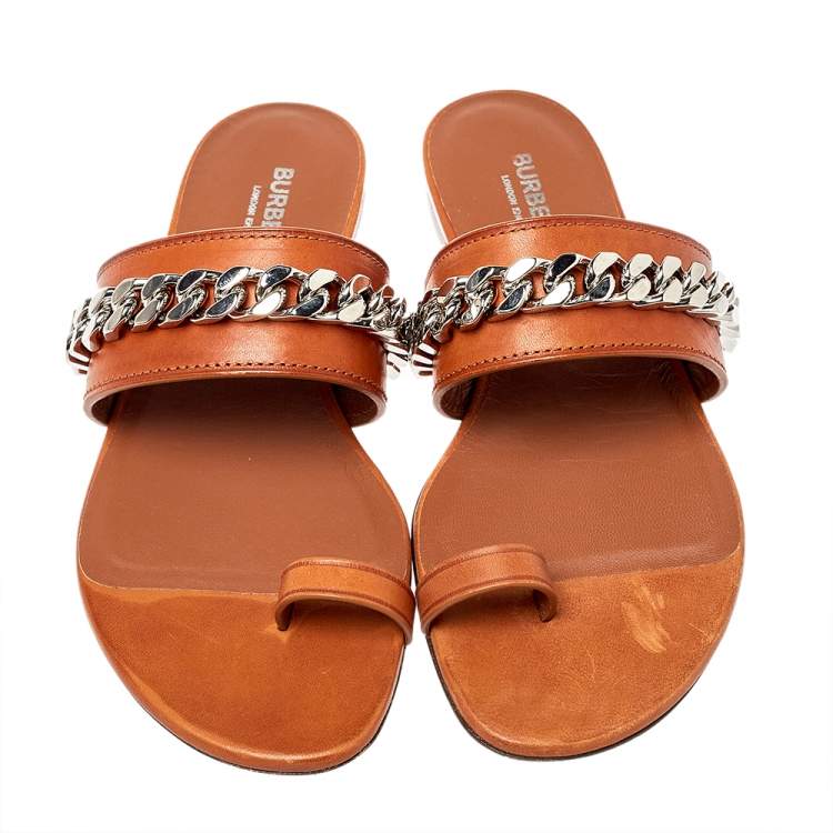 Pre Owned Burberry Brown Leather Heidi Toe Ring Flats Size 37.5