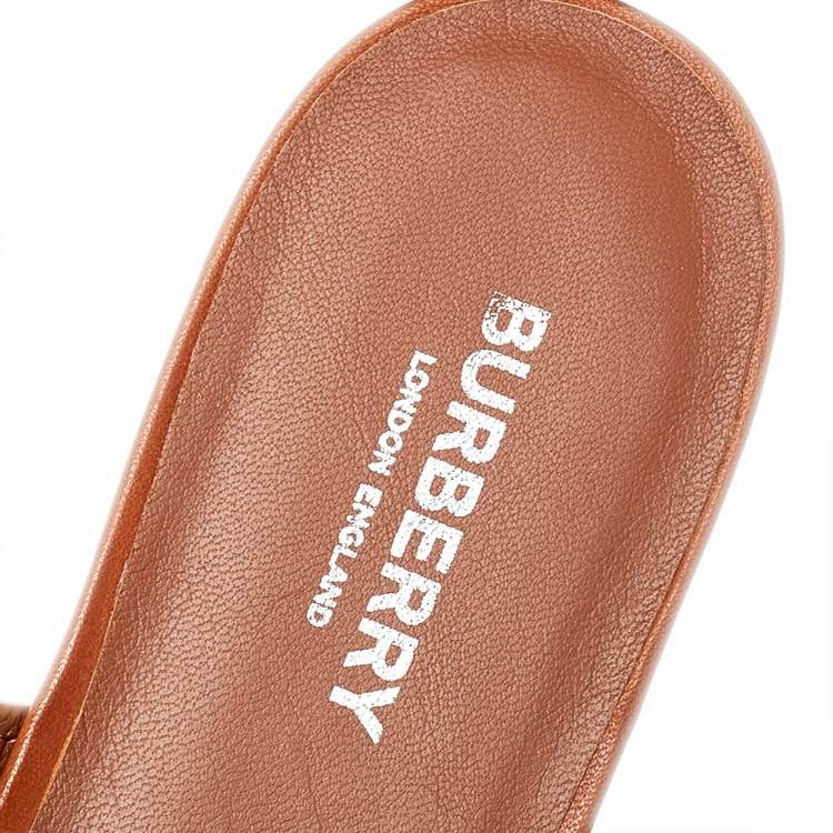 Pre Owned Burberry Brown Leather Heidi Toe Ring Flats Size 37.5