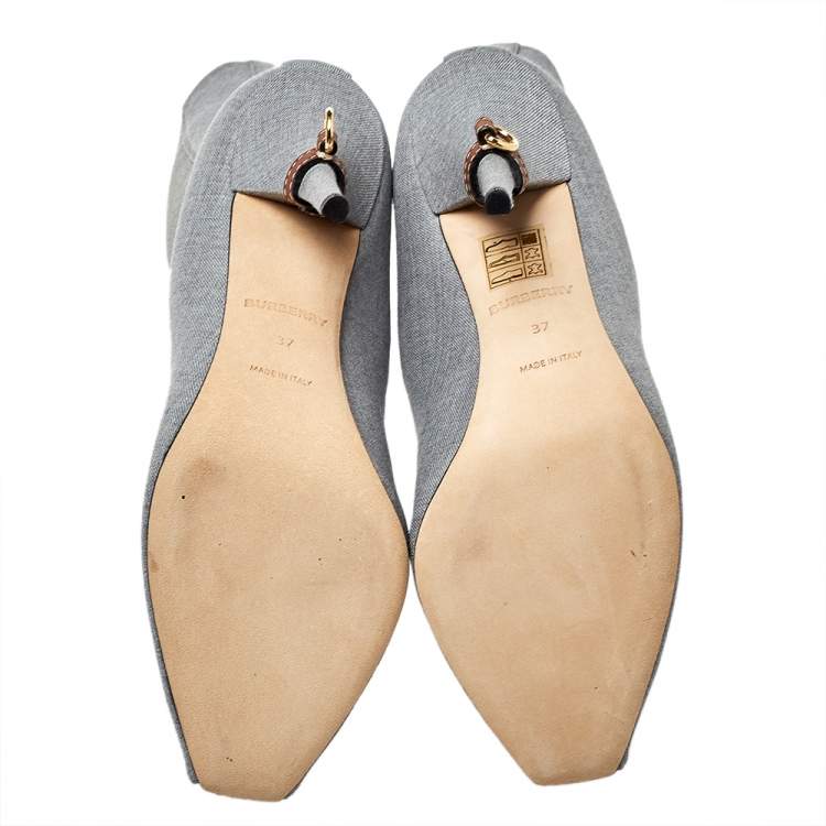 Pre Owned Burberry Grey Canvas And Elastic Fabric Peep Toe Kenzie Ankle Boots Size 37