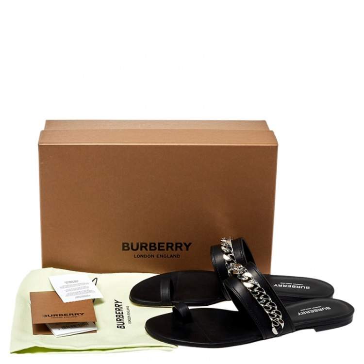 Pre Owned Burberry Black Leather Heidi Toe Ring Flats Size 38.5