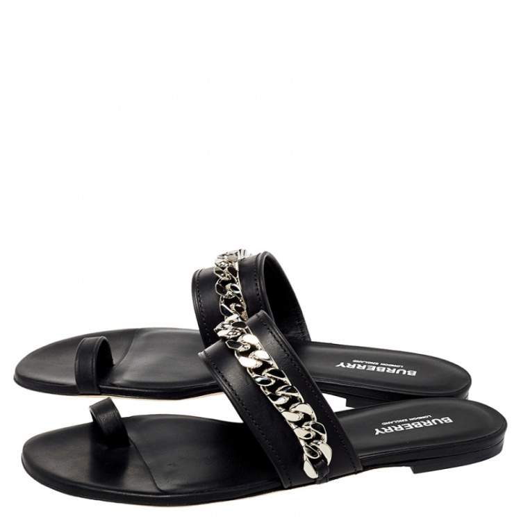Pre Owned Burberry Black Leather Heidi Toe Ring Flats Size 38.5