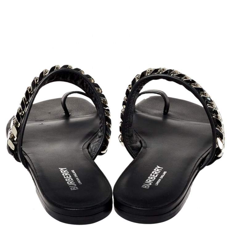 Pre Owned Burberry Black Leather Heidi Toe Ring Flats Size 38.5