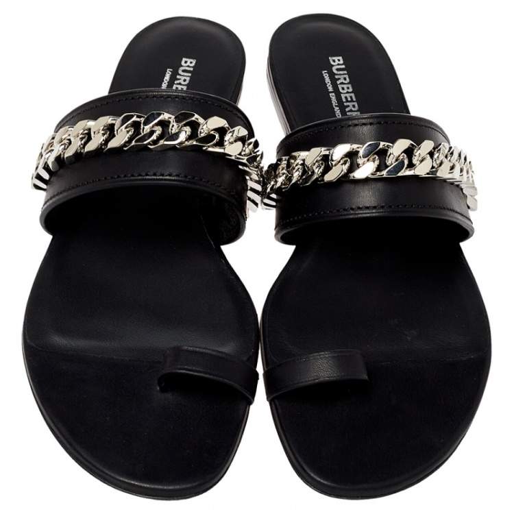 Pre Owned Burberry Black Leather Heidi Toe Ring Flats Size 38.5