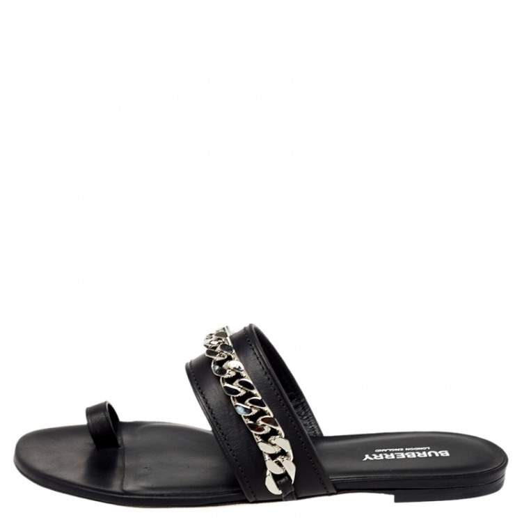 Pre Owned Burberry Black Leather Heidi Toe Ring Flats Size 38.5