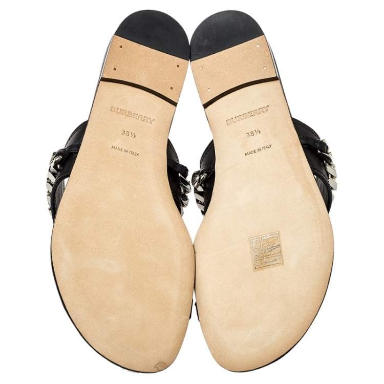 Pre Owned Burberry Black Leather Heidi Toe Ring Flats Size 38.5