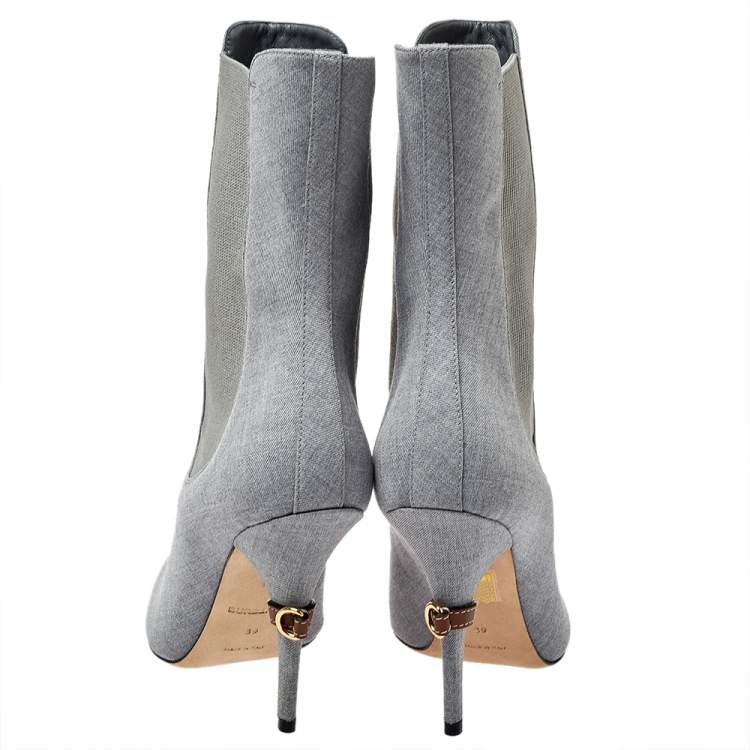 Pre Owned Burberry Grey Canvas And Elastic Fabric Peep Toe Kenzie Ankle Boots Size 37.5