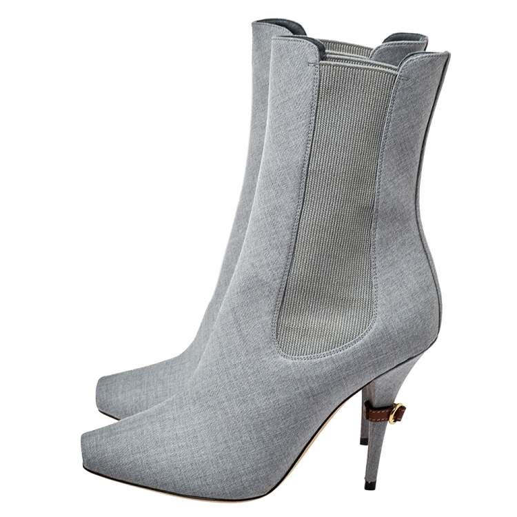 Pre Owned Burberry Grey Canvas And Elastic Fabric Peep Toe Kenzie Ankle Boots Size 37.5