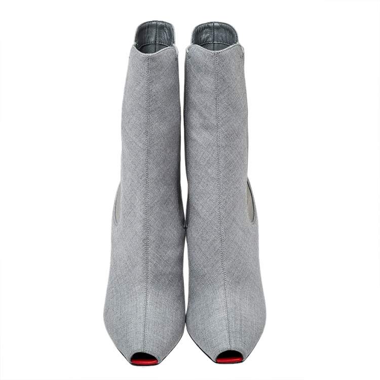 Pre Owned Burberry Grey Canvas And Elastic Fabric Peep Toe Kenzie Ankle Boots Size 37.5