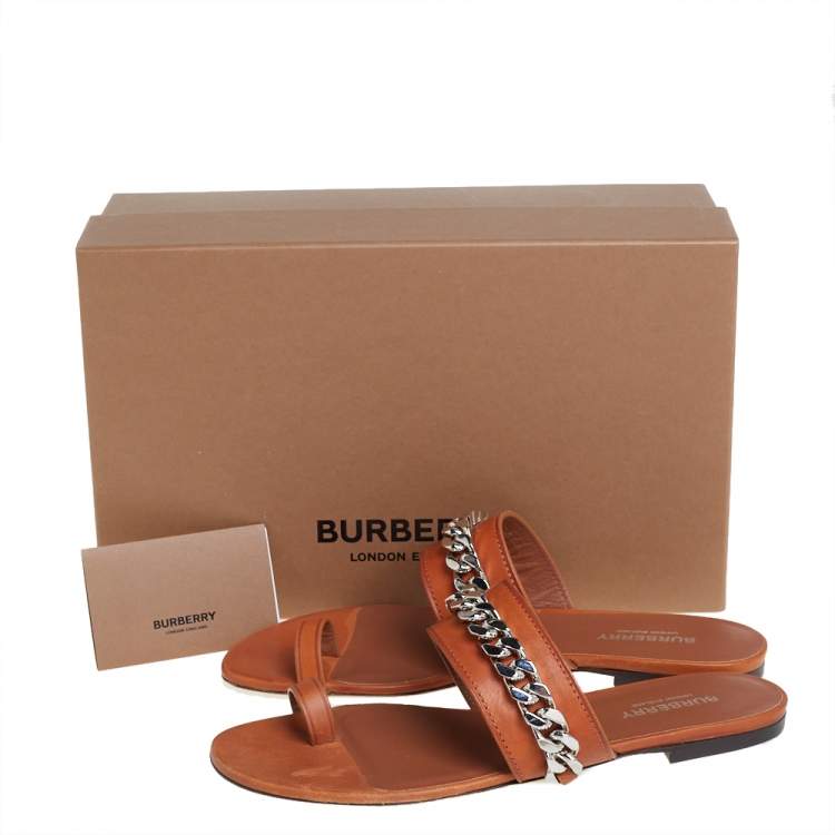 Pre Owned Burberry Brown Leather Heidi Toe Ring Flats Size 37